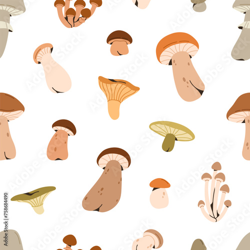 Mushrooms pattern. Seamless repeating print, fall fungus. Autumn fungi, endle...