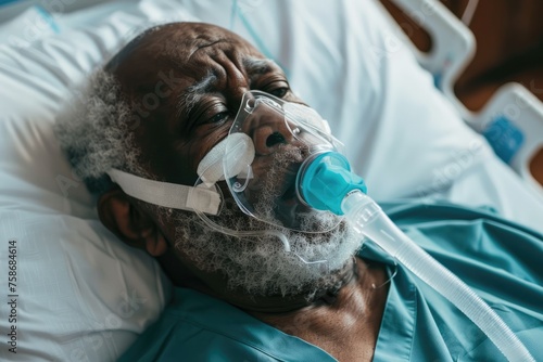 Elderly male patient in hospital bed with oxygen mask, receiving critical medical care - AI generated