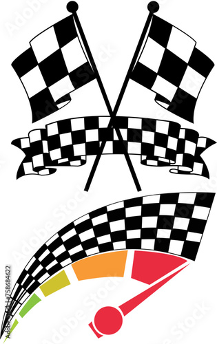 crossed racing flag and chekared flag with speadometer vector illustration