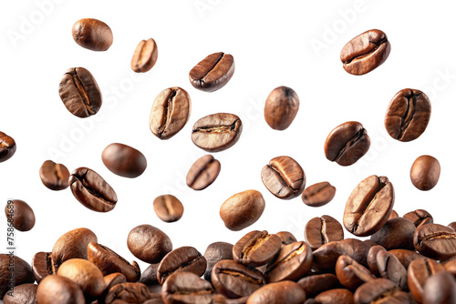 Coffee beans in free fall. A dynamic display of whole roasted coffee beans isolated on a transparent background, illustrating the concept of energy and aromatic freshness.