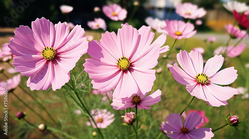 Close up cosmos flowers blooming on softness style in spring summer under sunrise. © GarlicDesign