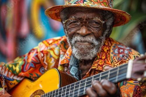 Close-up portrait of senior African American man with grey beard in bright colorful shirt and hat playing guitar. Stylish retired man loves to play music. photo