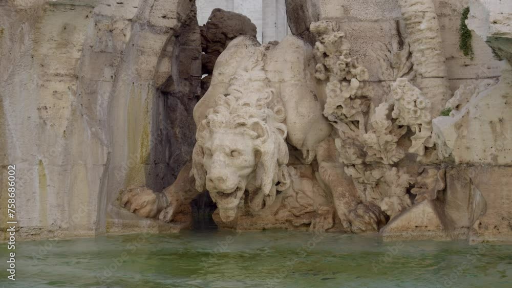 ROME, Italy. 11-11-2023. Close up Bernini's lion. Fountain of the Four Rivers. City of Rome. Slow motion 4K ROME, Italy. 11-11-2023. Close up Bernini's lion. Fountain of the Four Rivers. City of Rome. Slow motion 4K