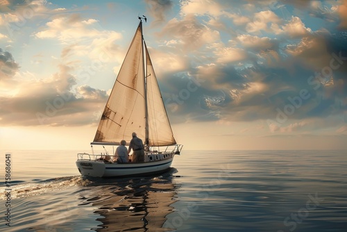 Romantic senior couple enjoying sailing together at sunset, while standing on the side of sail boat or yacht deck