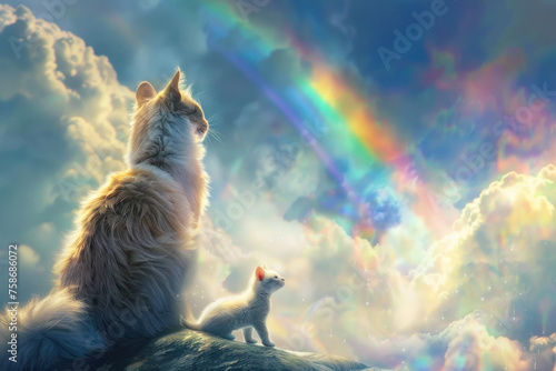 Majestic large cat and a smaller kitten gazing over a vibrant sky filled with iridescent clouds and a spectrum of rainbow colors