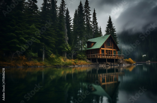 Cabin by lake shore