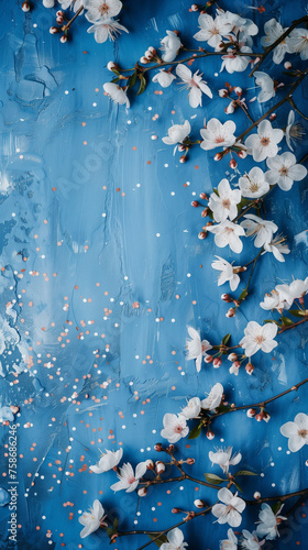 Blossoming flowers and confetti in front of shabby blue wall, minimalistic design.. Love celebration, birthday, wedding, womens, mothers day,. Vertical banner, photo