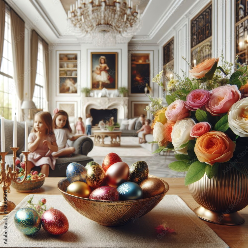 A wonderful aristocratic room where children are
decorated for the Easter holiday with colorful eggs and flowers A wonderful aristocratic room where children are
decorated for the Easter holiday with colorful eggs and flowers