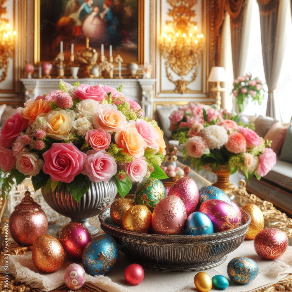 A wonderful aristocratic room with large windows through which the sun enters is decorated for the Easter holiday with colorful eggs and a bouquet of colorful flowers in a vase