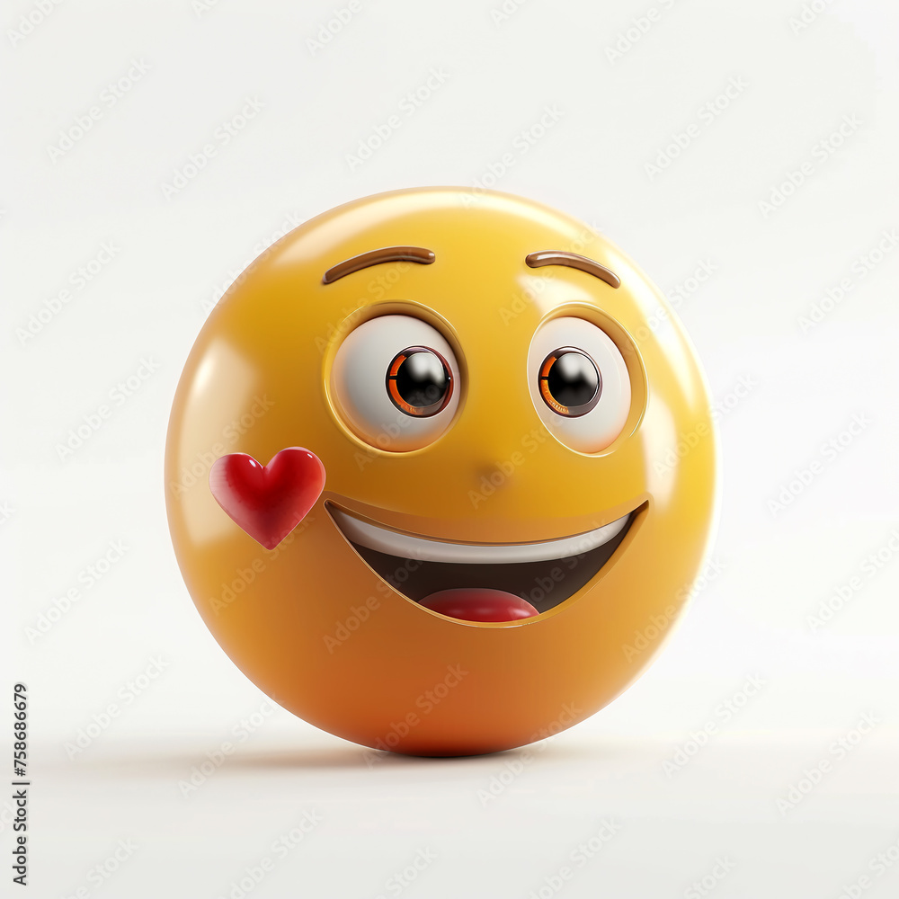 yellow smiley emoji in love on a white background, 3D