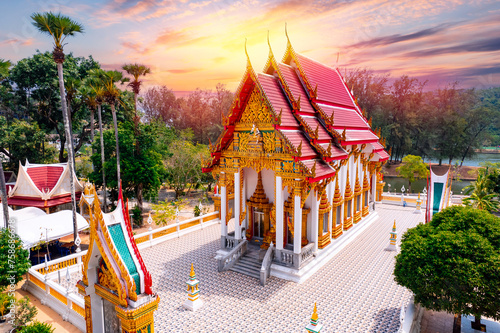 Aerial view landscape Wat Buddhist Nai Harn temple in Phuket island, Thailand on sunset. Buddhism religious tourist attraction, Landmark for tourism photo