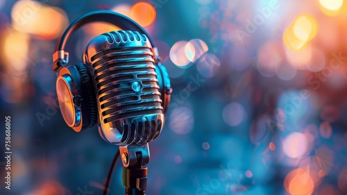 Vintage microphone with headphones set against a bokeh background in a music studio photo