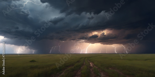 A dramatic thunderstorm over a vast prairie with lightning striking