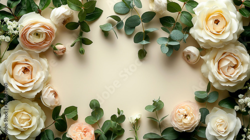 White rose flowers and green leaves arranged in a circular frame on a beige background