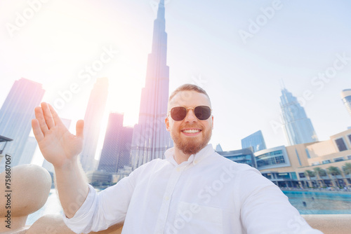 Photography UAE business tourism for cryptocurrency, Selfie photo of young crypto businessma