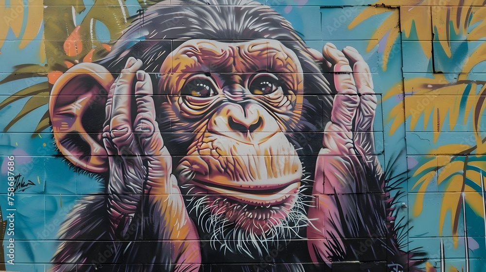 Vibrant Chimpanzee Mural on Urban Wall, Perfect for Street Art Collections