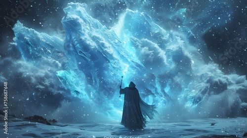 Ice Wizard Casting Powerful Magic on a Frozen Wall Covered in Glowing Blue Crystals in a Dark and Dramatic Winter Night