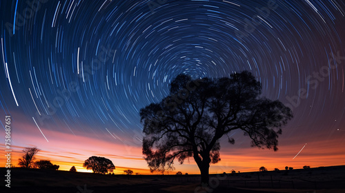 Mesmerizing expanse of a clear celestial twilight filled with twinkling stars anad tree silhouette. photo