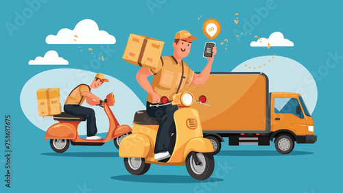 2d vector illustration A courier wearing a shirt is delivering a package mobile with location gps