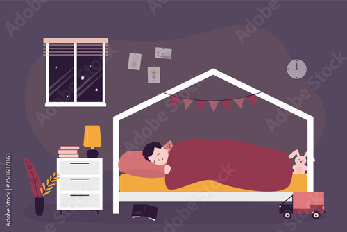 Caucasian boy falls asleep, dreams. Cute child lying on the bed. Little kid sleep in bedroom interior and feel comfortable. Healthy sleep.