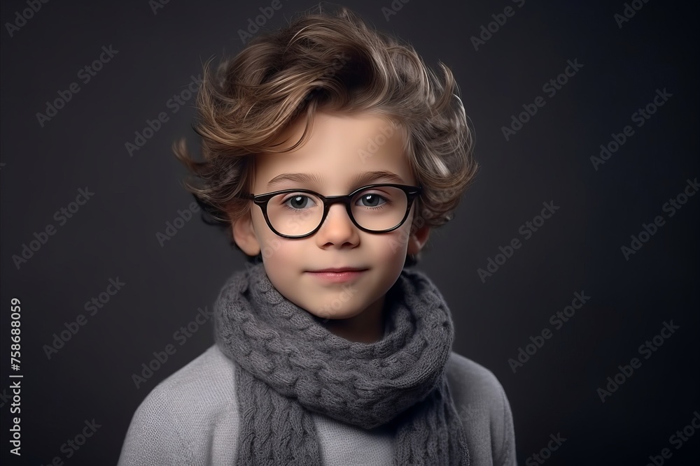 Portrait of a cute little boy in glasses and scarf. Studio shot. Portrait of a cute little boy in glasses and scarf. Studio shot.