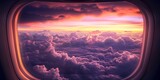 View of a stunning sunset amidst the clouds from an airplane window evoking wanderlust