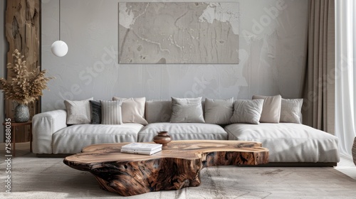 Amazing luxury sofa and rustic live edge coffee table in spacious room. Minimalist home interior design of modern living room in villa © Polska