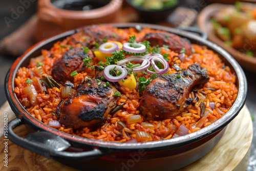 Jollof Rice with Grilled Meat and Garnishes. A bowl of vibrant jollof rice topped with grilled meat and fresh herbs