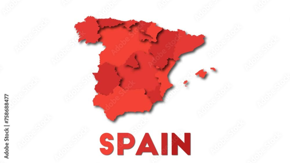 Spain map showing regions. Animated country map with title. 4k resolution animation. Spain map showing regions. Animated country map with title. 4k resolution animation.