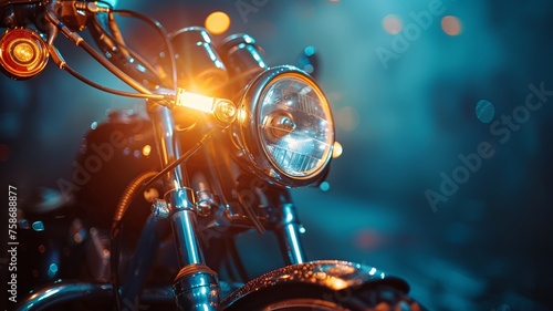 Intense focus on a chrome motorcycle headlamp against a mysterious evening backdrop