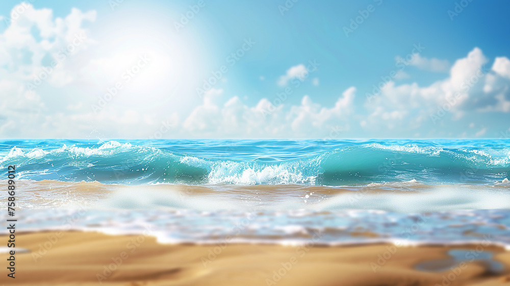 Tropical ocean beach with soft sunlight and skyscape background.