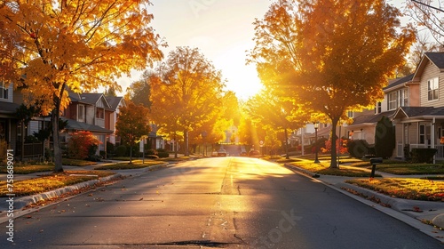 Tranquil residential road lined with homes and gilded foliage during dusk.