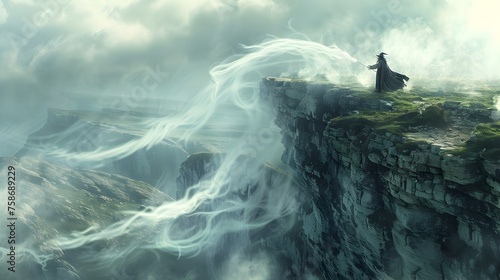 Wizard Summoning Wind Magic on a Foggy Cliff Edge in a Surreal Landscape