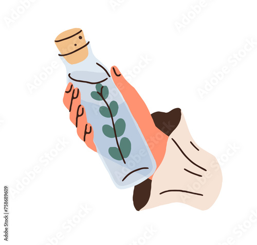 Hand holding infused water in corked glass bottle. Taking fresh cool refreshing drink with green leaf herb. Healthy detox herbal beverage. Flat vector illustration isolated on white background