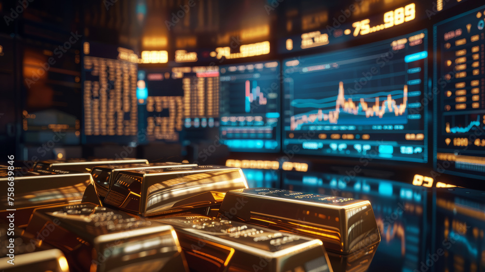 Futuristic investment display: Gold bars and vibrant charts,generative ai