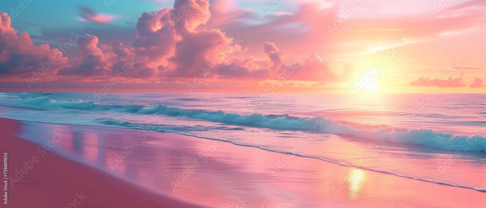 A serene beach scene at sunset, with waves gently lapping the shore under a sky painted with shades of pink, orange, and purple, reflecting the sun's warm glow on the wet sand.
