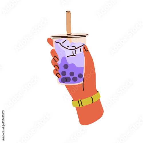 Boba bubble tea in hand. Thai taro milk drink, tapioca pearl beverage. Holding Asian Taiwan bubbletea refreshment in glass with straw. Flat graphic vector illustration isolated on white background
