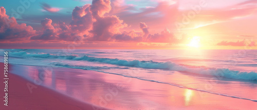 A serene beach scene at sunset, with waves gently lapping the shore under a sky painted with shades of pink, orange, and purple, reflecting the sun's warm glow on the wet sand. photo