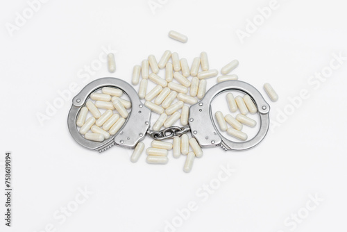 Sterta tabletek na odchudzanie na białym tle obok zamkniętych kajdanek 
