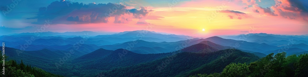 Scenic Summer Sunset in Blue Ridge Mountains Parkway, North Carolina - Idyllic Dusk and Dawn Landscape With Stunning Mountain Scenery - obrazy, fototapety, plakaty 