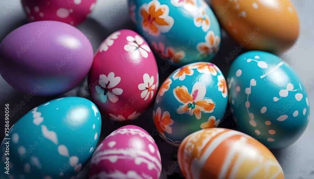 Multitude of colorful easter eggs macro background, geometrical, dots, flowers and striped patterns