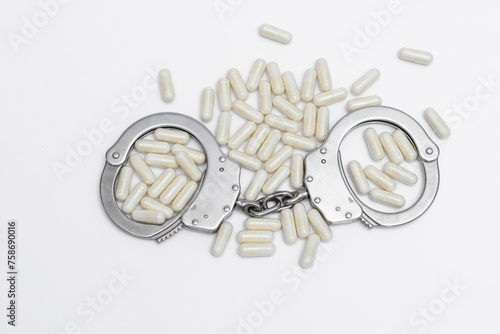 Leki kapsułki z białym proszkiem obok stalowych policyjnych kajdanek 