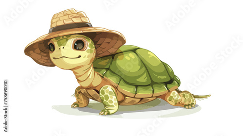 Cute turtle using hat with good posing flat vector