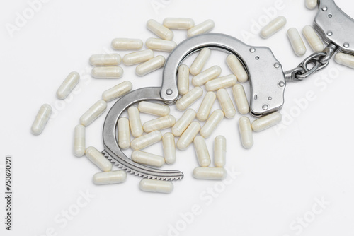 Stalowe kajdanki policyjne leżą wokół rozsypanych kapsulek lekarstw 