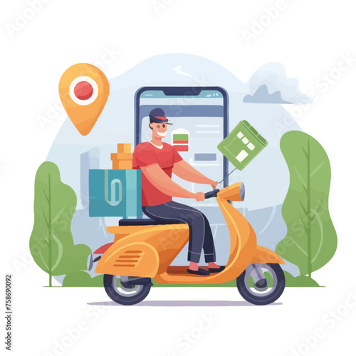 2d vector illustration A courier wearing a shirt is delivering a package mobile with location gps 