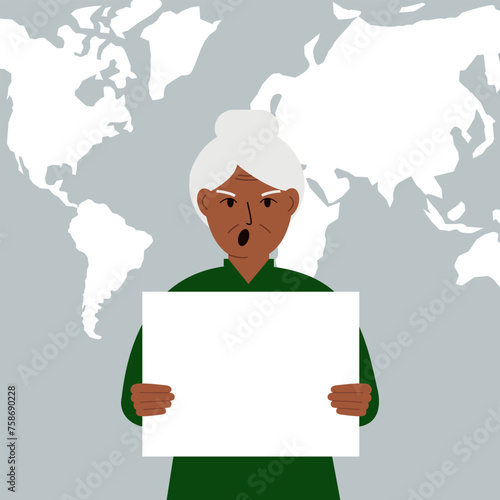Screaming woman holds and shows a white blank sheet, or a poster. Against the backdrop of the karate of the world.