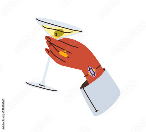 Hand with martini cocktail. Holding elegant holiday alcohol drink with olive. Party alcoholic beverage in glass, wineglass on stem, celebrating. Flat vector illustration isolated on white background