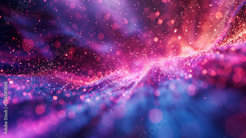 Abstract vibrant background with a dynamic wave of particles and glitters in shades of pink and blue, evoking a sense of cosmic energy, creativity, or futuristic technology.