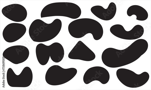 Vector liquid shadows random shapes. Black cube drops simple shapes.  Doodle drops with outline circle. EPS 10