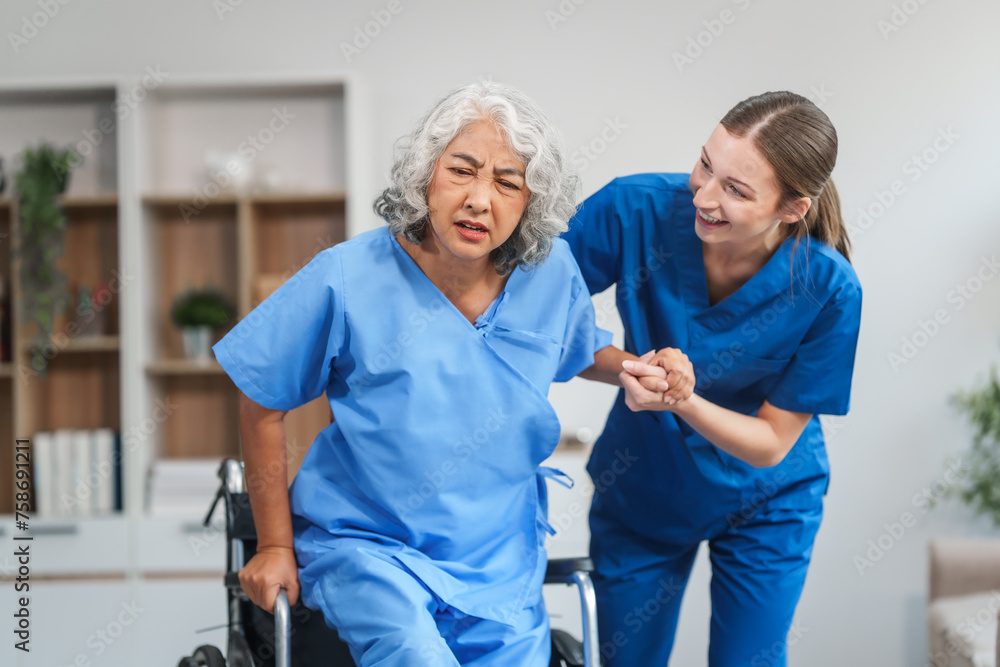 Obraz premium Nurse helping adult woman in hospital offer help and comfort create a welcoming atmosphere with a focus on patient care and wellness. Mature woman, nurse or person with disability in hospital
